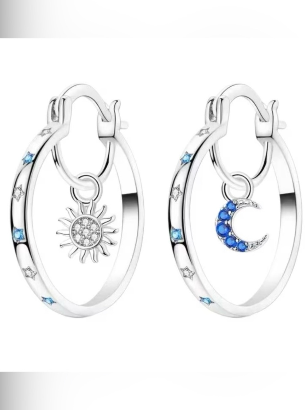 ✨🌙 Celestial Sun Moon Hoop Earrings Blue Crystal Dangle Earrings ✨☀️